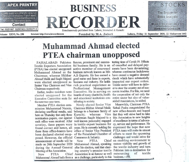 PTEA has elected unopposed Muhammad Ahmad as the Chairman